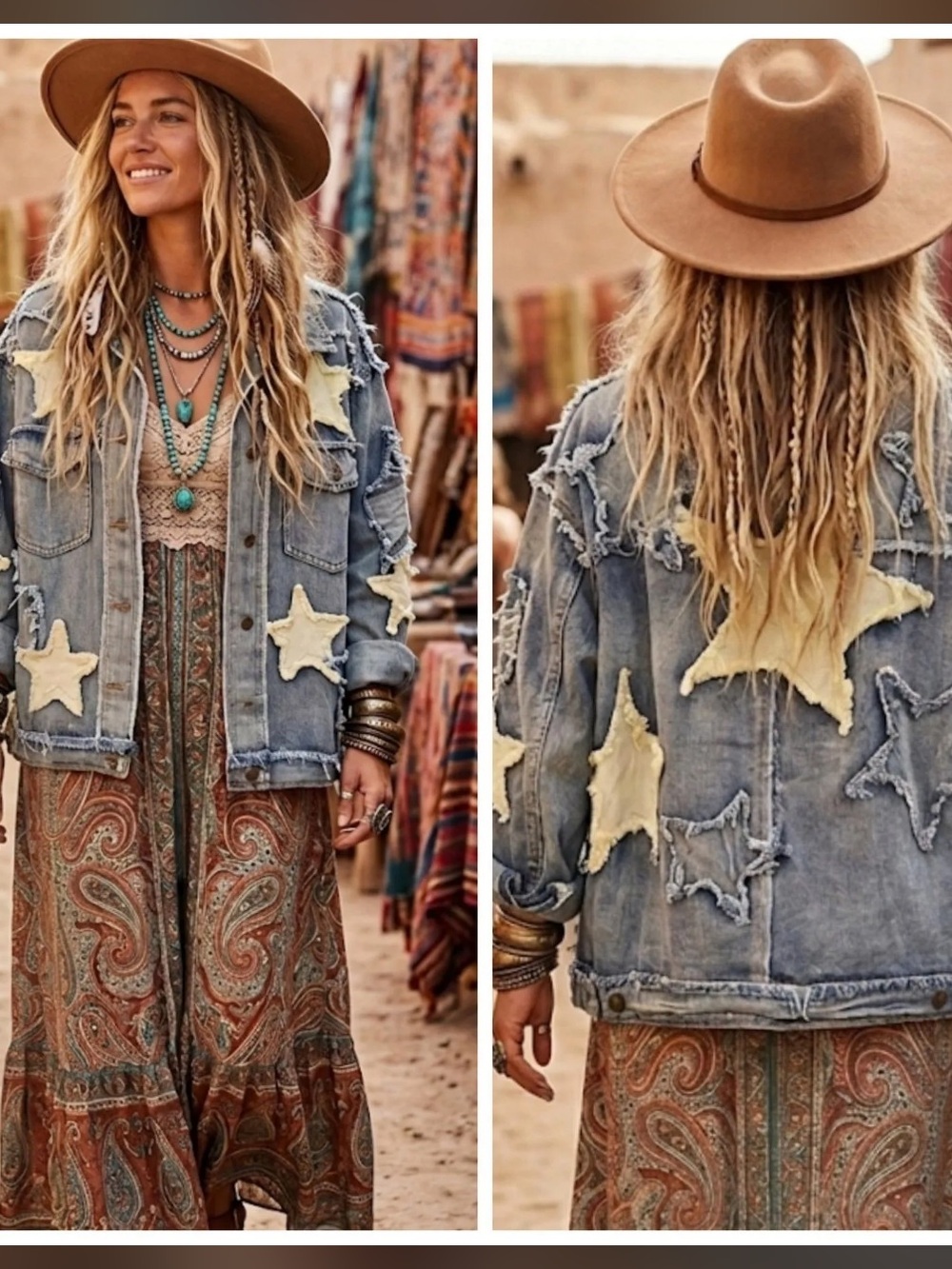 Boutique Star Patchwork Appliqué Distressed Jean Jacket